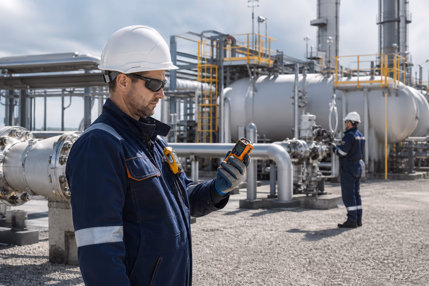 Safety engineer checking a portable gas detector at an oil and gas process facility